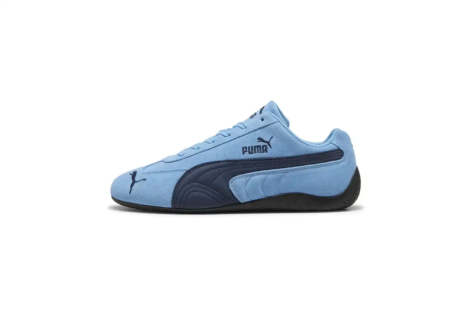 PUMA SPEEDCAT RETURNS WITH TWO NEW HERITAGE-INSPIRED COLORWAYS PUMA Speedcat sneaker in Light Blue with Navy accents, showing the classic low-top silhouette and signature Cat logo
