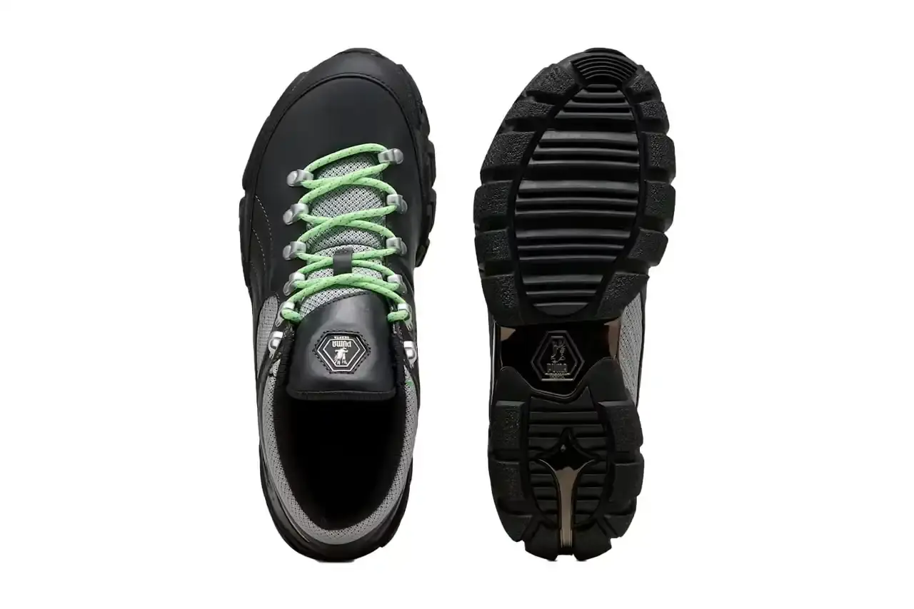 Puma PUMA x Skepta Skope Forever Mid sneaker in Flat Dark Gray/PUMA Silver/PUMA Black colorway, featuring black leather uppers, gray mesh panels, chrome accents, and bright turquoise laces. The shoe has a distinctive Y2K-inspired silhouette with utilitarian details. (image 8 of 10)