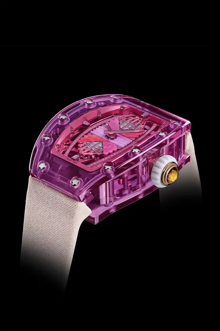Richard Mille Richard Mille RM 07-02 luxury watch with a transparent colored sapphire crystal case. The watch features a geometric pattern dial set with precious stones including diamonds, sapphires, and ornamental stones. The skeletonized automatic movement is visible through the translucent case, showing intricate mechanical details and gold components. (image 21 of 22)