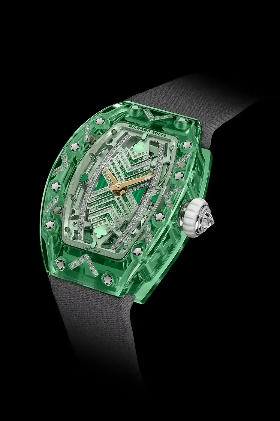 Richard Mille Richard Mille RM 07-02 luxury watch with a transparent colored sapphire crystal case. The watch features a geometric pattern dial set with precious stones including diamonds, sapphires, and ornamental stones. The skeletonized automatic movement is visible through the translucent case, showing intricate mechanical details and gold components. (image 11 of 22)