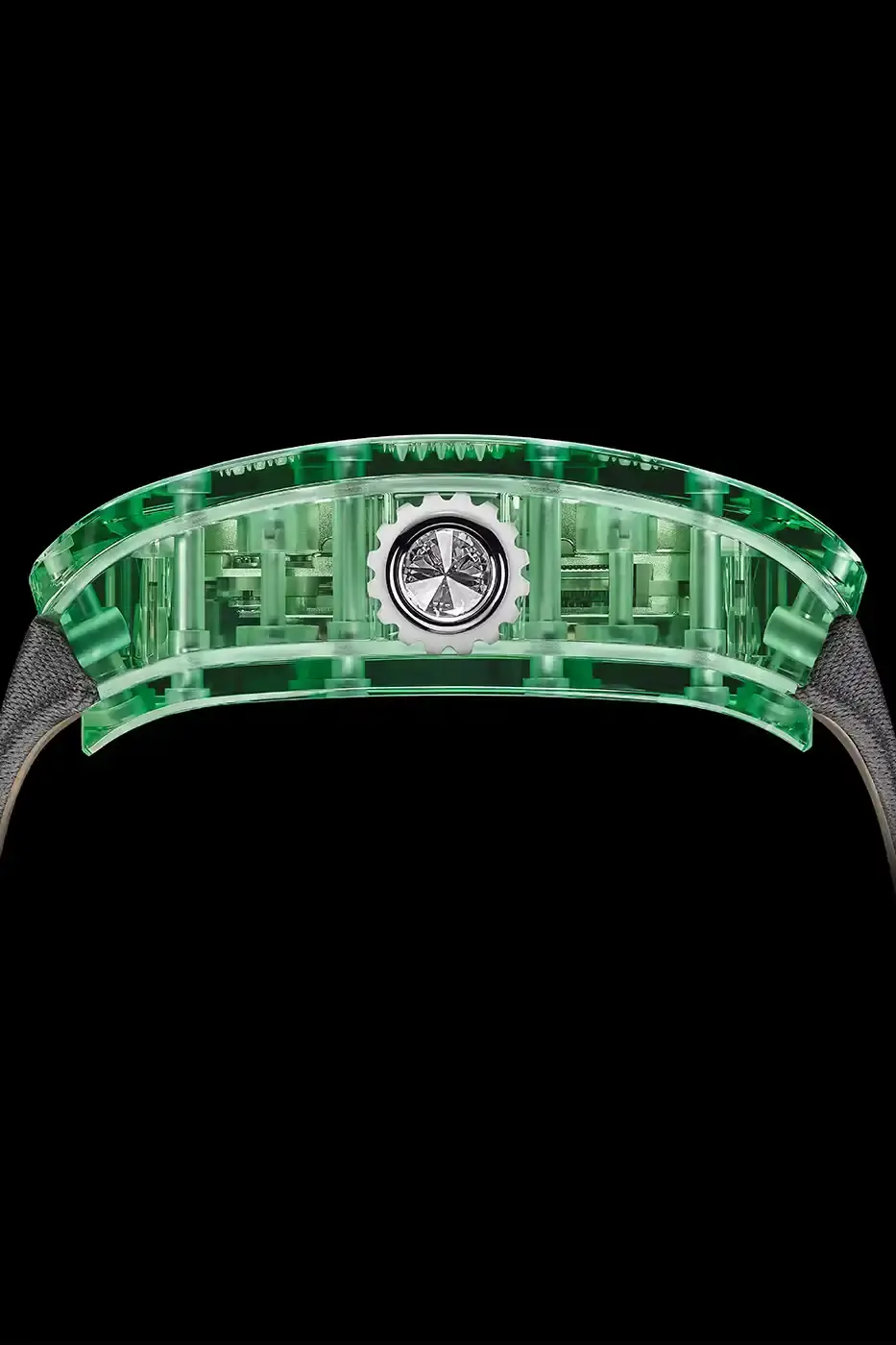 Richard Mille Richard Mille RM 07-02 luxury watch with a transparent colored sapphire crystal case. The watch features a geometric pattern dial set with precious stones including diamonds, sapphires, and ornamental stones. The skeletonized automatic movement is visible through the translucent case, showing intricate mechanical details and gold components. (image 9 of 22)