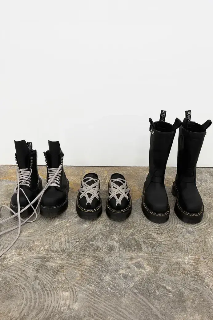 RICK OWENS DR MARTENS FW26 QUAD SOLE RELEASE image detailing the release dates and design features of the Fall Winter 2026 footwear collaboration between Rick Owens and Dr. Martens.