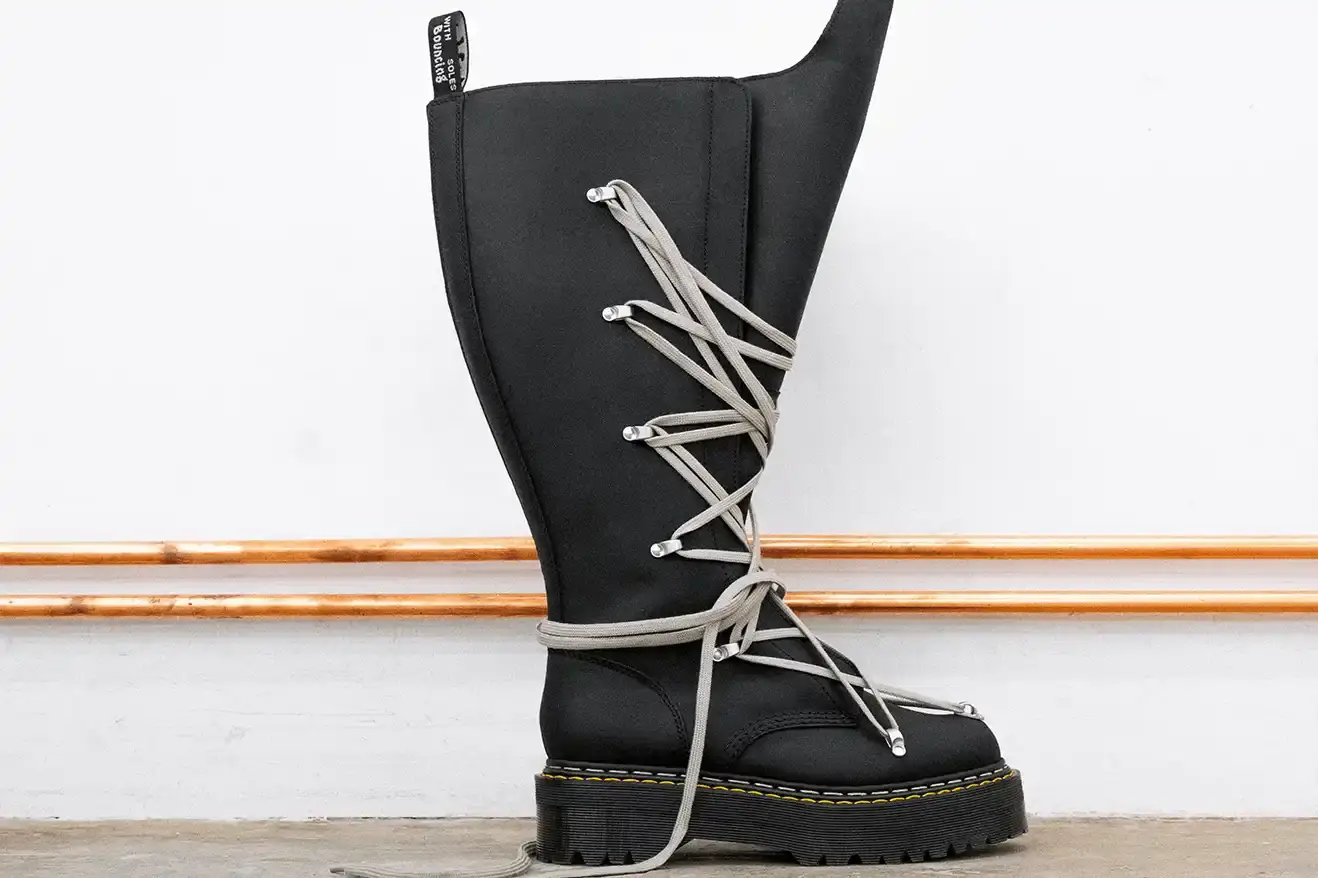 RICK OWENS AND DR. MARTENS RETURN WITH QUAD BOOT COLLECTION Fashion collaboration between Rick Owens and Dr. Martens produces three black leather boots with platform soles, releasing October 16, 2025. (image 9 of 10)