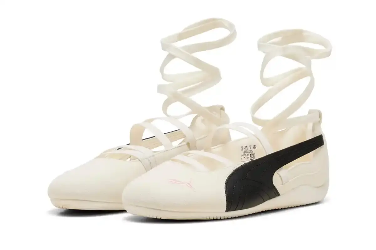 ROSÉ PARTNERS WITH PUMA FOR SPEEDCAT FOOTWEAR LINE image about ROSÉ's footwear collaboration with PUMA, detailing two sneaker models with specific design features, colorways, and product specifications. The content includes information about ballet-inspired elements, color options, and release details for the ROSIE collection. (image 9 of 11)