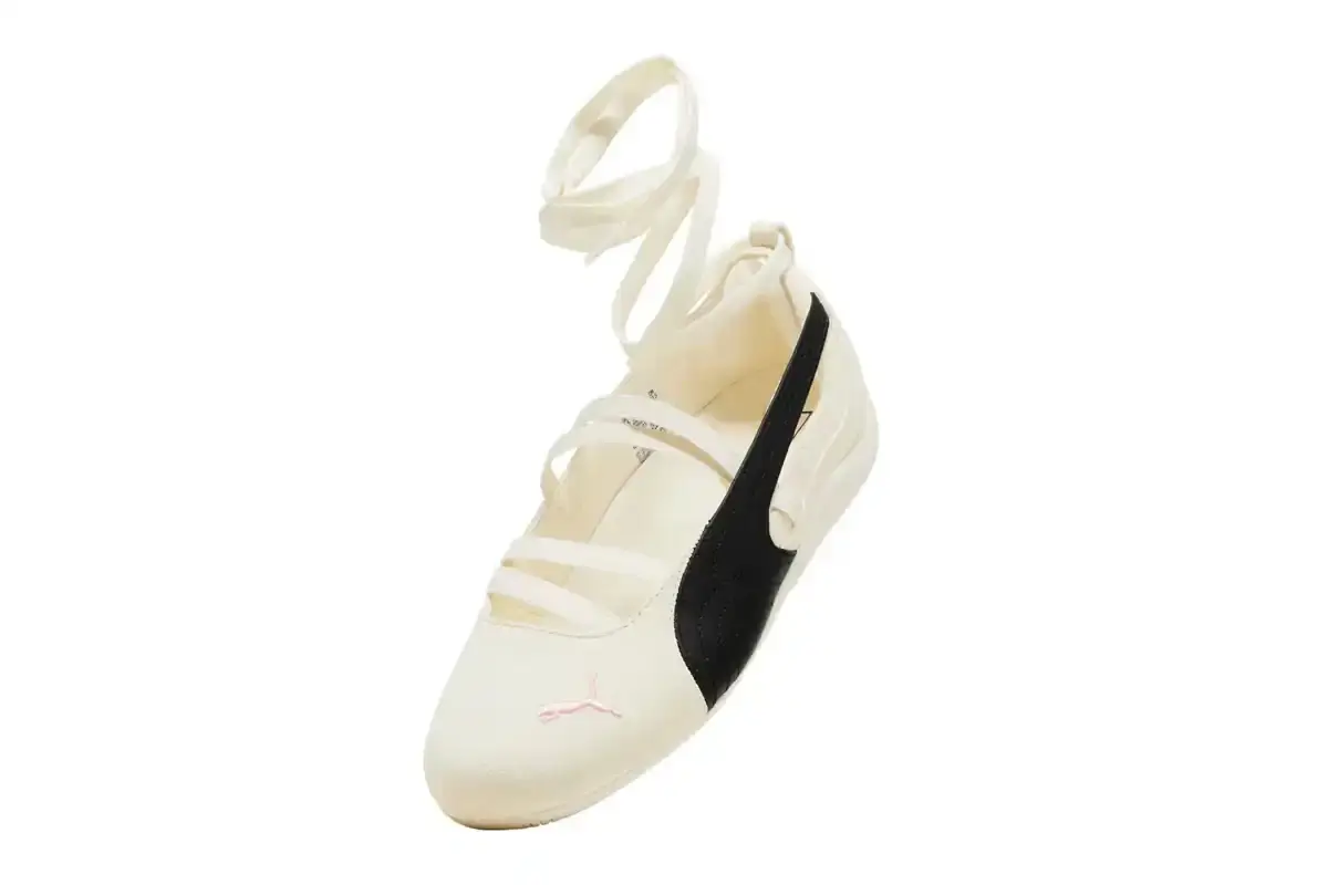 ROSÉ PARTNERS WITH PUMA FOR SPEEDCAT FOOTWEAR LINE image about ROSÉ's footwear collaboration with PUMA, detailing two sneaker models with specific design features, colorways, and product specifications. The content includes information about ballet-inspired elements, color options, and release details for the ROSIE collection. (image 8 of 11)