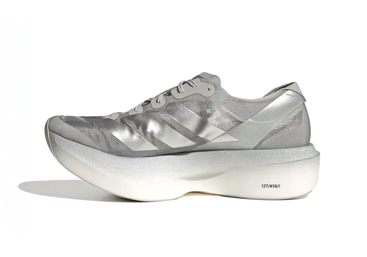 SATISFY X ADIDAS ADIZERO ADIOS PRO EVO 2 COSTS $600 (€535) Details on the silver Satisfy x adidas Adizero Adios Pro Evo 2 racing shoe: price, release date, materials and where to buy. (image 2 of 6)