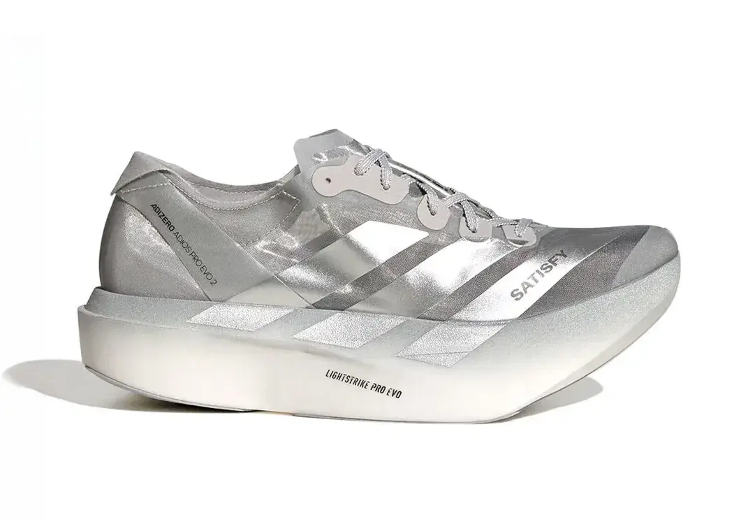 SATISFY X ADIDAS ADIZERO ADIOS PRO EVO 2 COSTS $600 (€535) Details on the silver Satisfy x adidas Adizero Adios Pro Evo 2 racing shoe: price, release date, materials and where to buy.