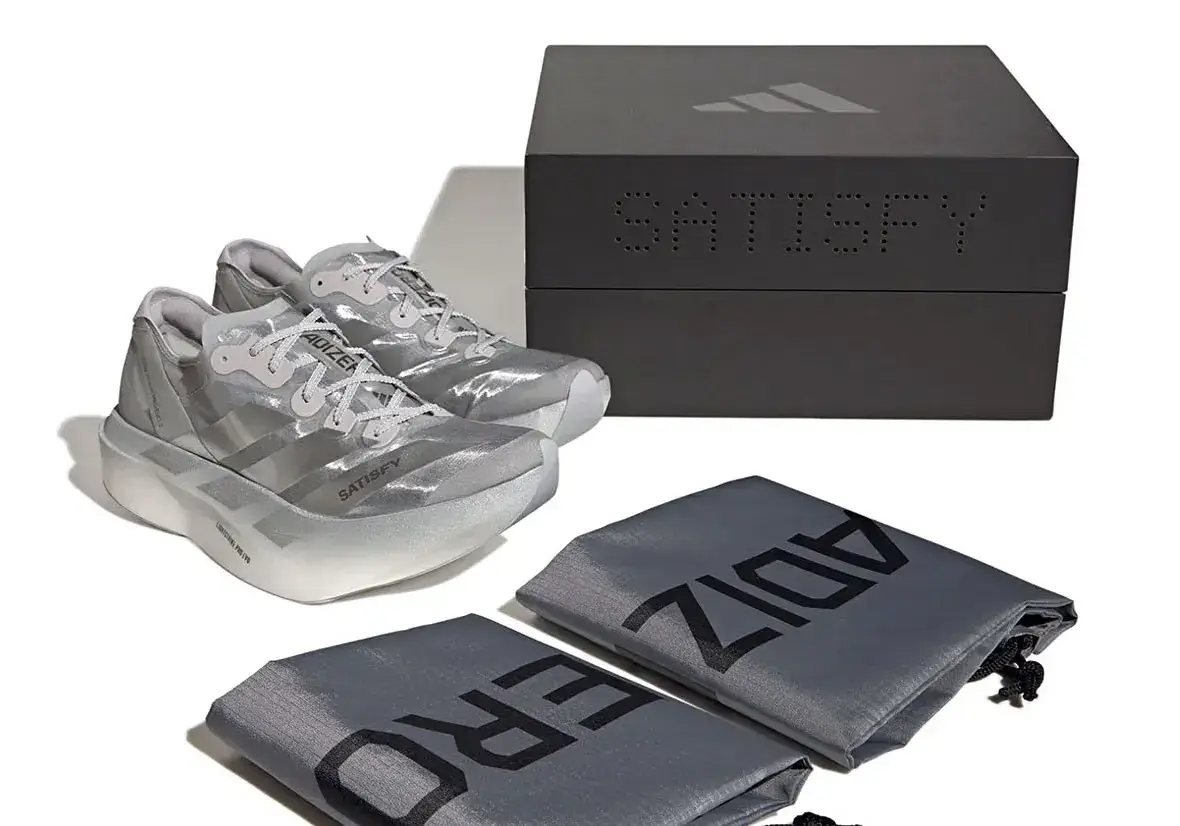 SATISFY X ADIDAS ADIZERO ADIOS PRO EVO 2 COSTS $600 (€535) Details on the silver Satisfy x adidas Adizero Adios Pro Evo 2 racing shoe: price, release date, materials and where to buy. (image 6 of 6)