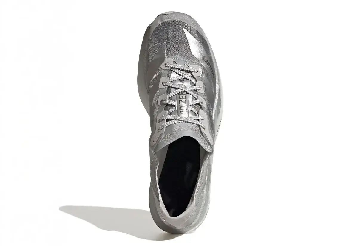 SATISFY X ADIDAS ADIZERO ADIOS PRO EVO 2 COSTS $600 (€535) Details on the silver Satisfy x adidas Adizero Adios Pro Evo 2 racing shoe: price, release date, materials and where to buy. (image 3 of 6)