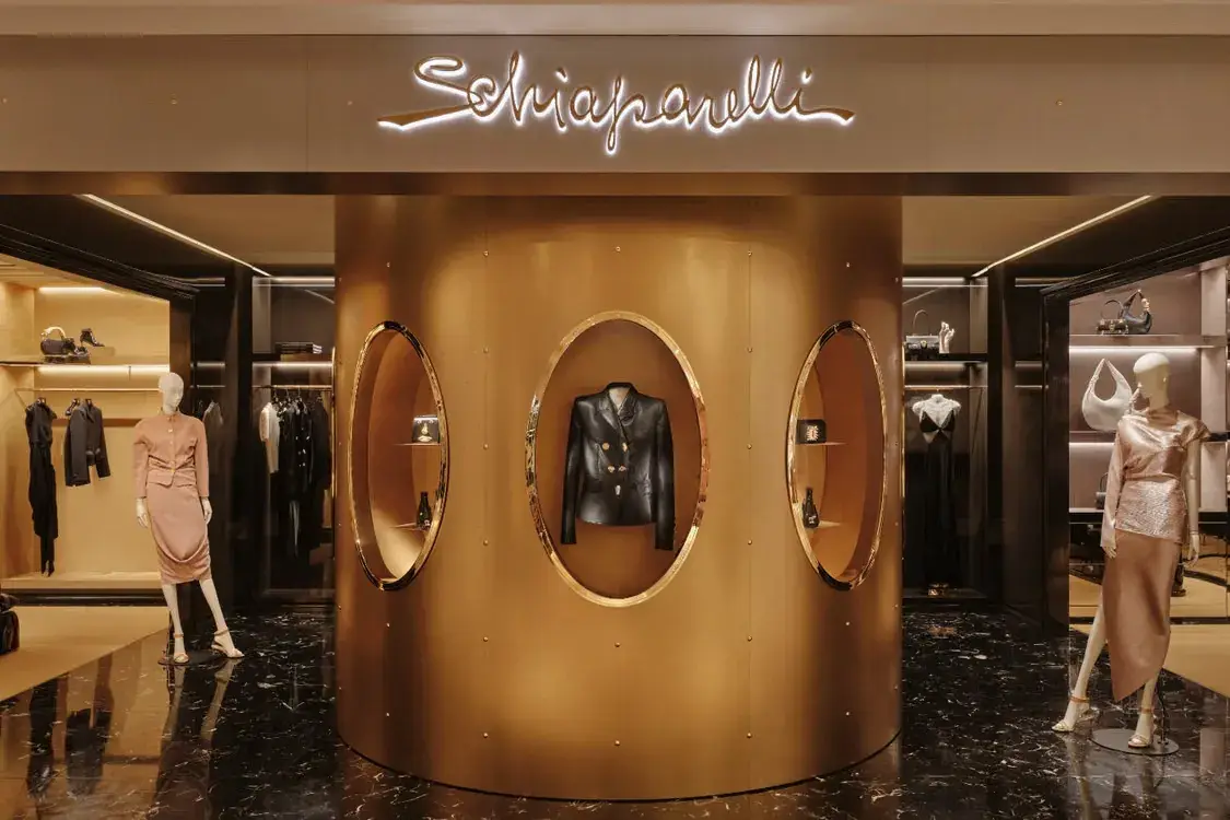 SCHIAPARELLI OPENS HALLEROED SALON AT HANKYU OSAKA Interior view of the Schiaparelli boutique on the sixth floor of Hankyu Umeda Main Store in Osaka, designed with Halleroed.