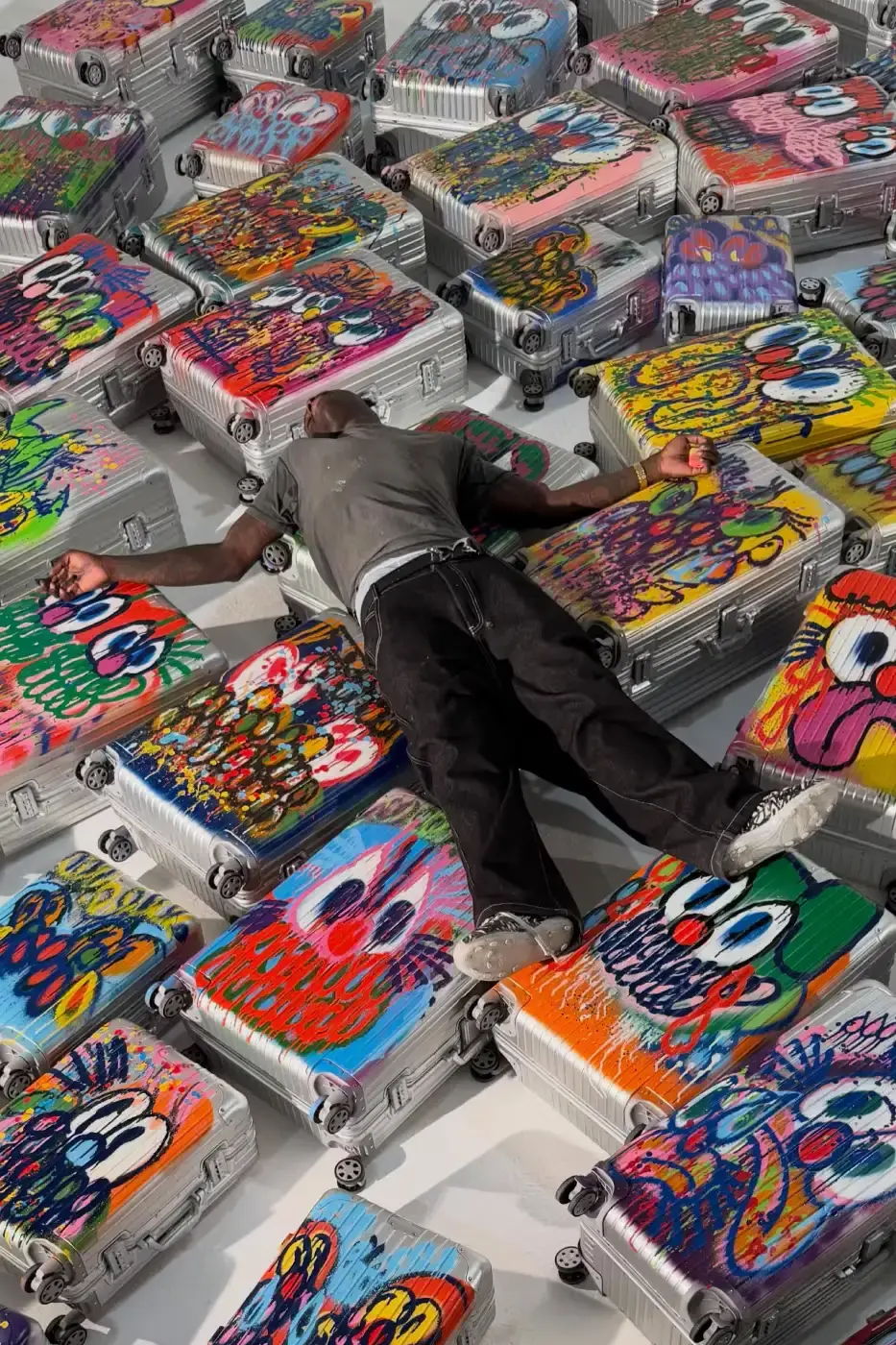 SLAWN TEASES RIMOWA SUITCASE COLLABORATION Image of an article about artist Olaolu Slawn teasing a graffiti-styled luggage collaboration with RIMOWA.