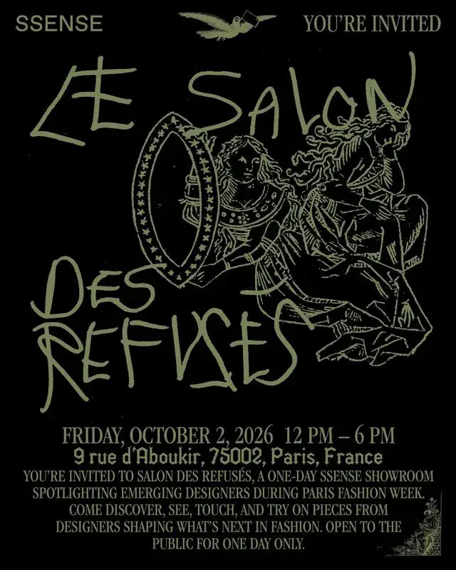 image outlining the upcoming SSENSE Paris Fashion Week showroom featuring four independent designers.