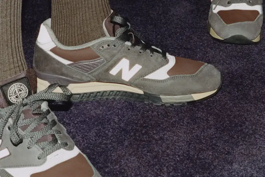 Stone Island/New Balance New Balance 998 sneakers redesigned by Stone Island, featuring polyurethane-coated cotton canvas in mauve, plum, and copper tones with reflective details. (image 3 of 7)