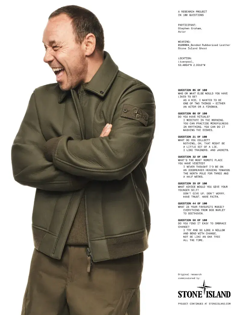 STONE ISLAND AUTUMN WINTER 2026 CAMPAIGN EXPLORES CULTURE image of the Stone Island Autumn Winter 2026 campaign, detailing the cast, the 100 questions format, and the focus on research and culture. (image 4 of 8)