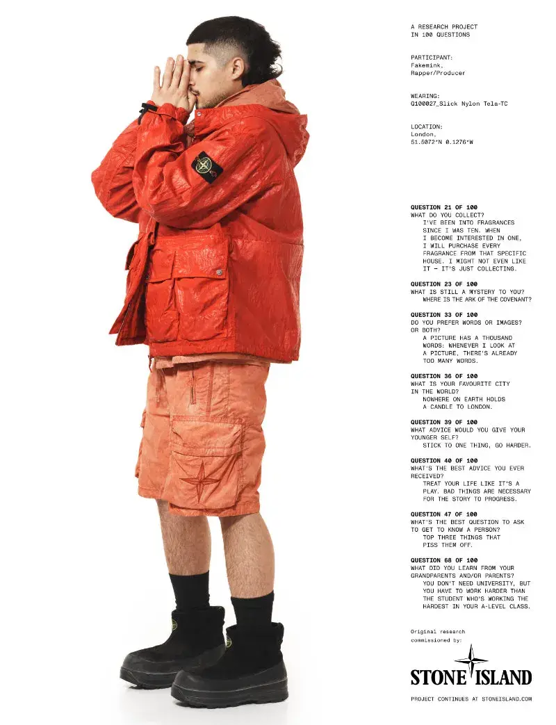 STONE ISLAND AUTUMN WINTER 2026 CAMPAIGN EXPLORES CULTURE image of the Stone Island Autumn Winter 2026 campaign, detailing the cast, the 100 questions format, and the focus on research and culture.