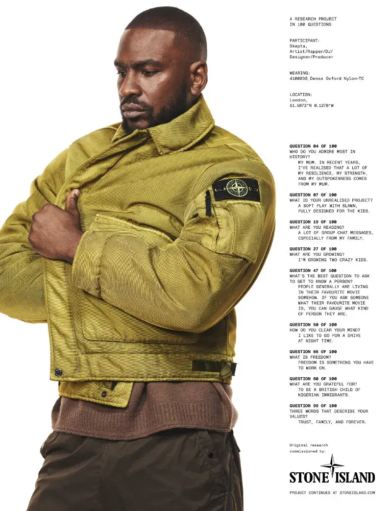 STONE ISLAND AUTUMN WINTER 2026 CAMPAIGN EXPLORES CULTURE image of the Stone Island Autumn Winter 2026 campaign, detailing the cast, the 100 questions format, and the focus on research and culture. (image 2 of 8)
