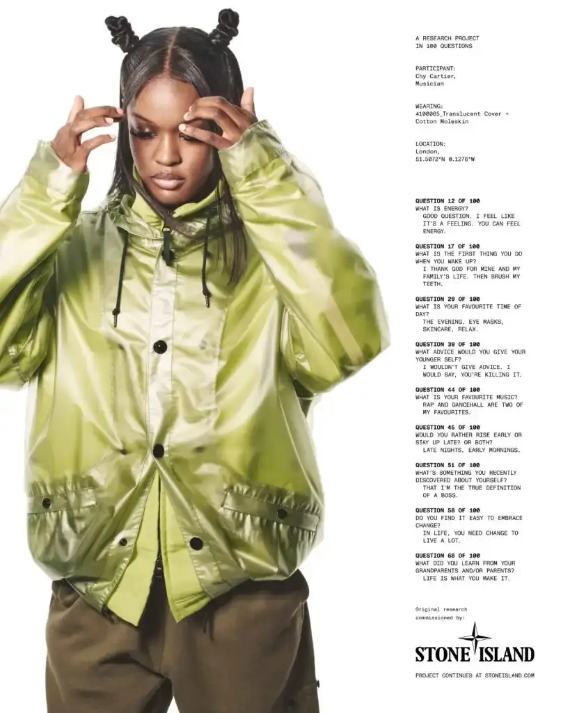STONE ISLAND FEATURES CHY CARTIER IN NEW CAMPAIGN image about Stone Island's latest campaign featuring diverse international talent wearing autumn/winter 2025 collection pieces photographed by David Sims.