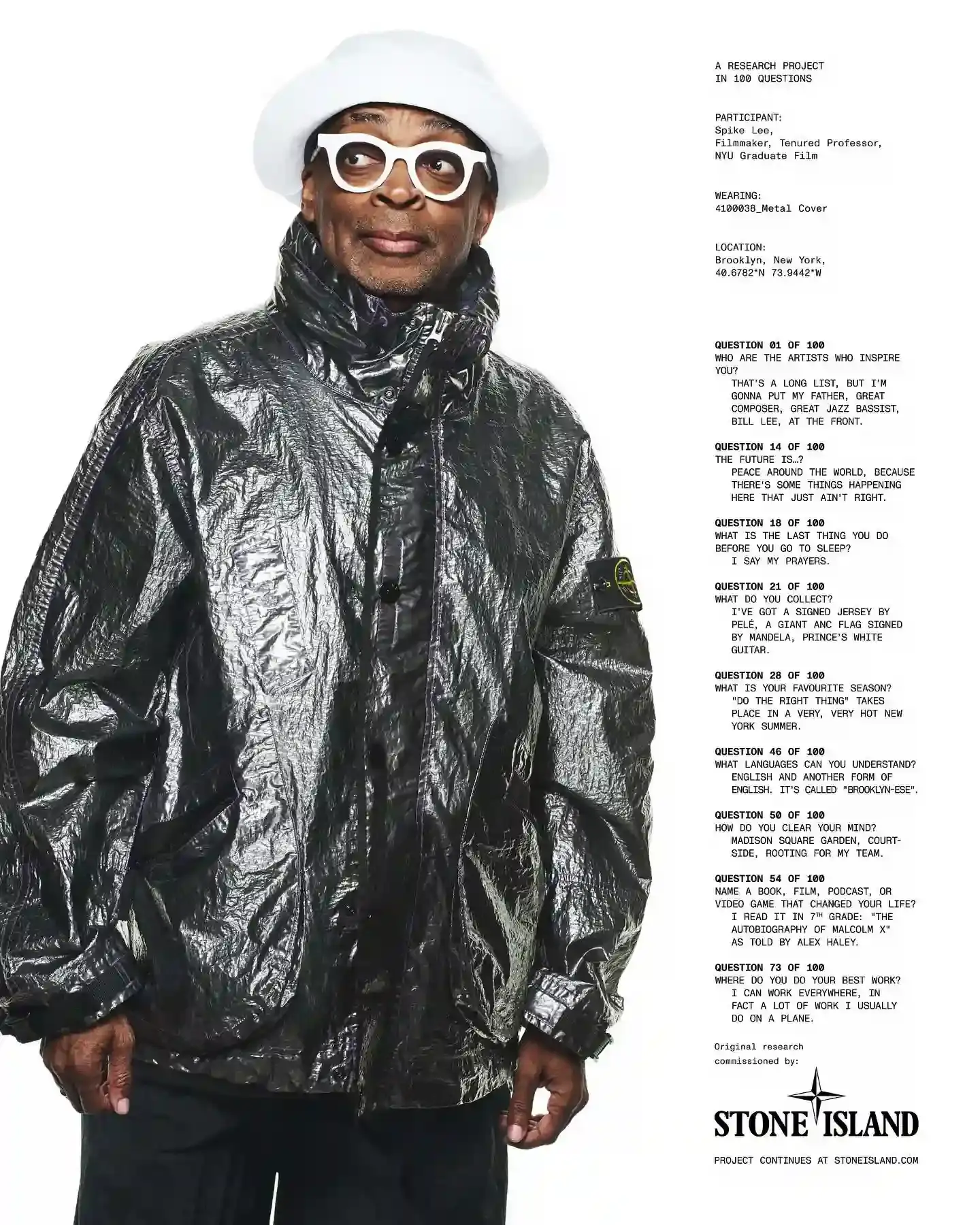 Stone Island A series of black and white portraits against white backgrounds showing Spike Lee in a metallic jacket, Giggs in an oversized turtleneck, John Glacier in a camo parka, and Hidetoshi Nakata in a field jacket. Additional portraits feature Avi Gold, Jalen Green, Ethan Ruan, Garrett Wilson, Gene Gallagher, and Ruth Rogers wearing Stone Island pieces. Photography by David Sims.