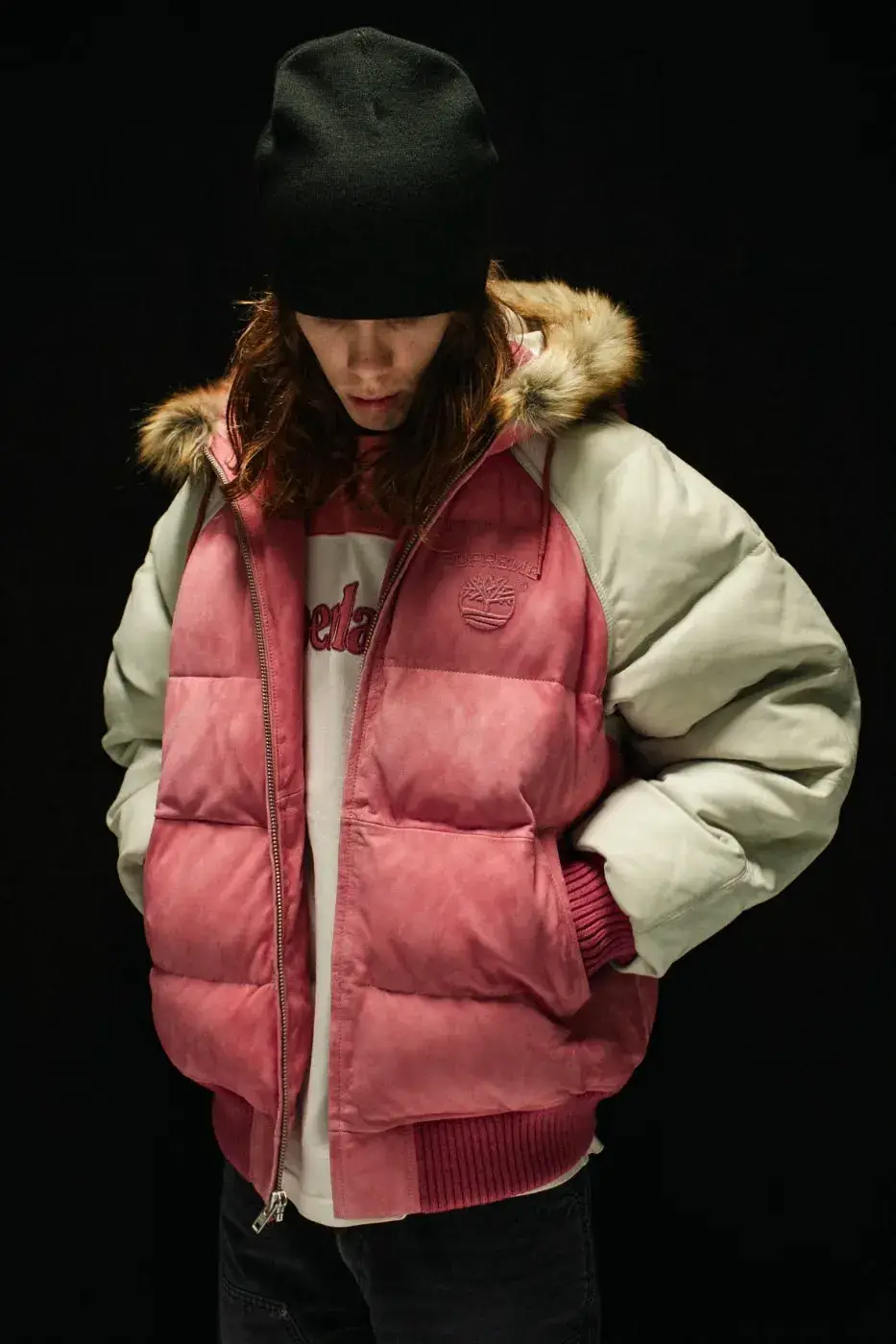 SUPREME X TIMBERLAND FALL 2026 APPAREL DROPS OCTOBER 22 Text summary of an article about the Supreme and Timberland Fall 2026 collection, which includes jackets, tops, pants and headwear and releases on October 22 and October 24. (image 5 of 19)