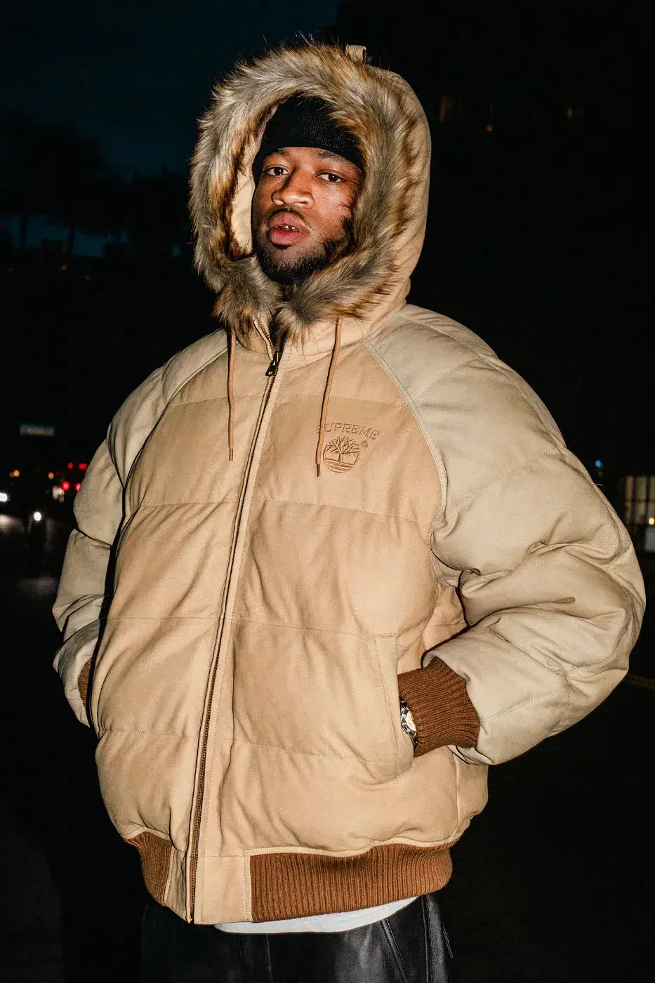 SUPREME X TIMBERLAND FALL 2026 APPAREL DROPS OCTOBER 22 Text summary of an article about the Supreme and Timberland Fall 2026 collection, which includes jackets, tops, pants and headwear and releases on October 22 and October 24.