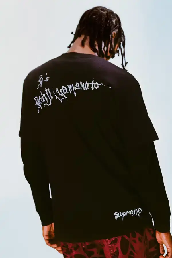 SUPREME X Y'S YAMAMOTO FALL 2025 COLLECTION Fashion collaboration image describing Supreme and Y's by Yohji Yamamoto Fall 2025 collection featuring punk aesthetics and skull designs. (image 5 of 20)