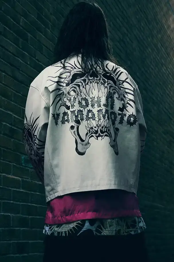 SUPREME X Y'S YAMAMOTO FALL 2025 COLLECTION Fashion collaboration image describing Supreme and Y's by Yohji Yamamoto Fall 2025 collection featuring punk aesthetics and skull designs. (image 18 of 20)