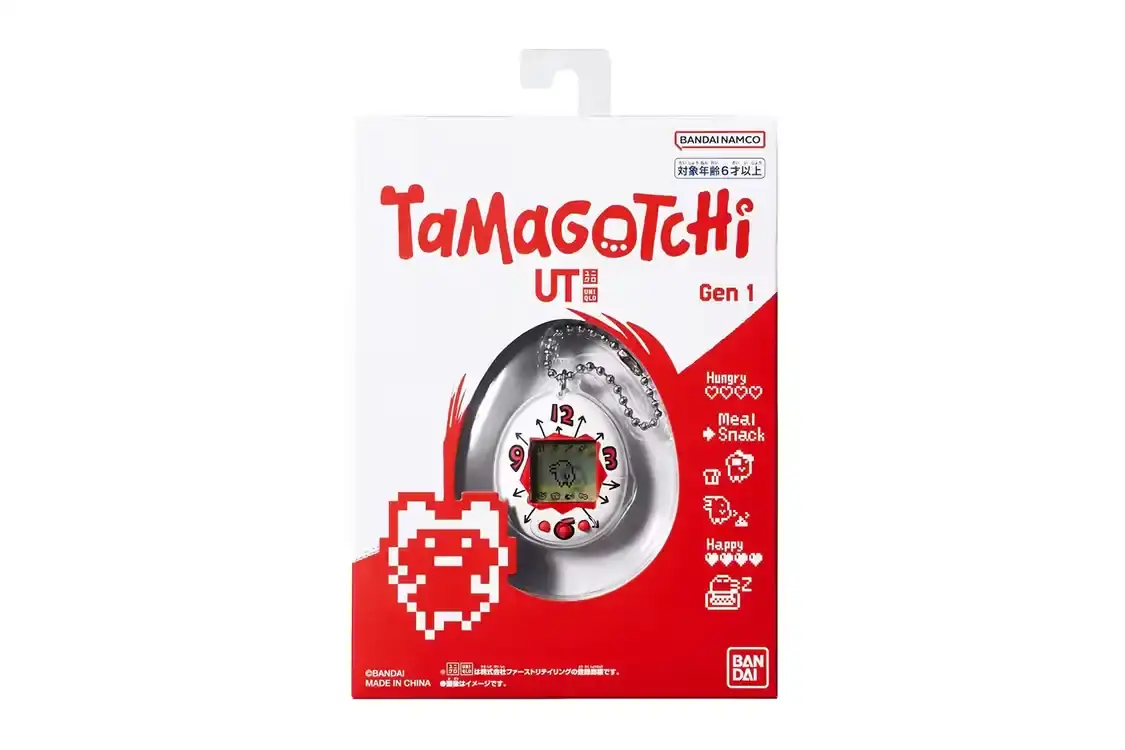 TAMAGOTCHI MARKS 30 YEARS WITH UNIQLO LINE Bandai and UNIQLO release a Tamagotchi anniversary collection featuring T-shirts and a limited-edition device shell with clock design and red accents.