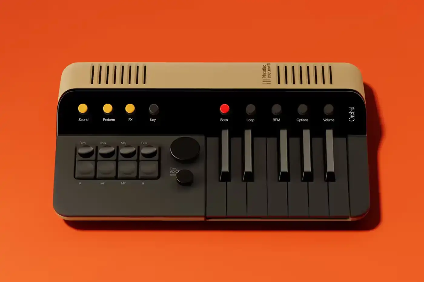 Telepathic Instruments Image of The Orchid, a portable digital synthesizer with a sleek design, featuring multiple control buttons and a keyboard interface. Created by Tame Impala's Kevin Parker through Telepathic Instruments. (image 2 of 6)