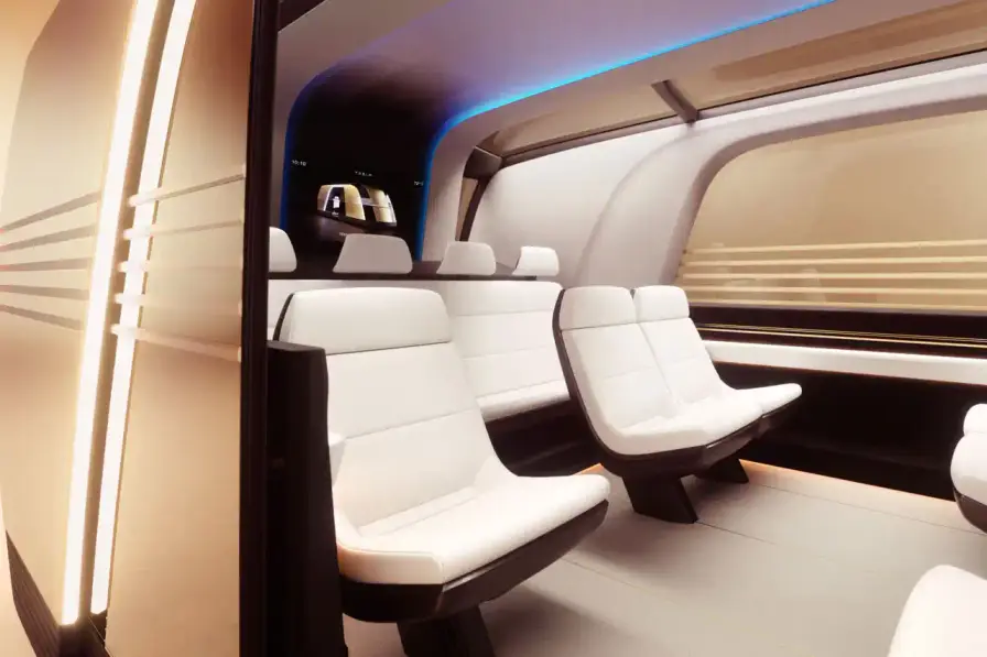 TESLA INTRODUCES SELF-DRIVING "CYBERCAB ROBOTAXI" CONCEPT Tesla unveils Cybercab Robotaxi and Robovan concepts at We, Robot event. Autonomous vehicles designed for public transport, featuring futuristic design with butterfly doors. Planned production before 2027, target price under $30,000. Elon Musk claims improved safety and cost-efficiency. Full Self-Driving expansion for Model 3 and Y in California and Texas next year (image 11 of 12)