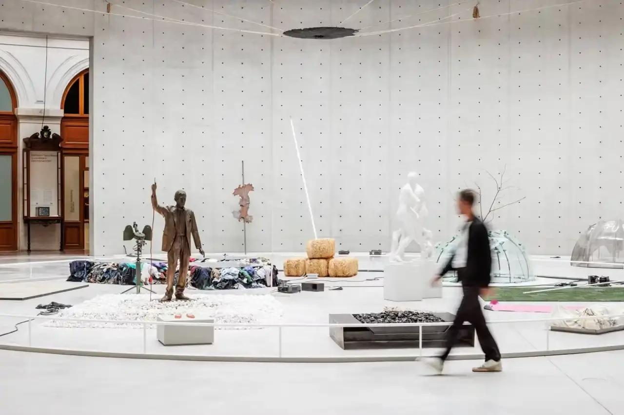 THE '60S RADICAL ART MOVEMENT THAT CHANGED ITALIAN CULTURE COMES TO PARIS Entrance to Arte Povera exhibition at Bourse de Commerce showing exhibition title and dates