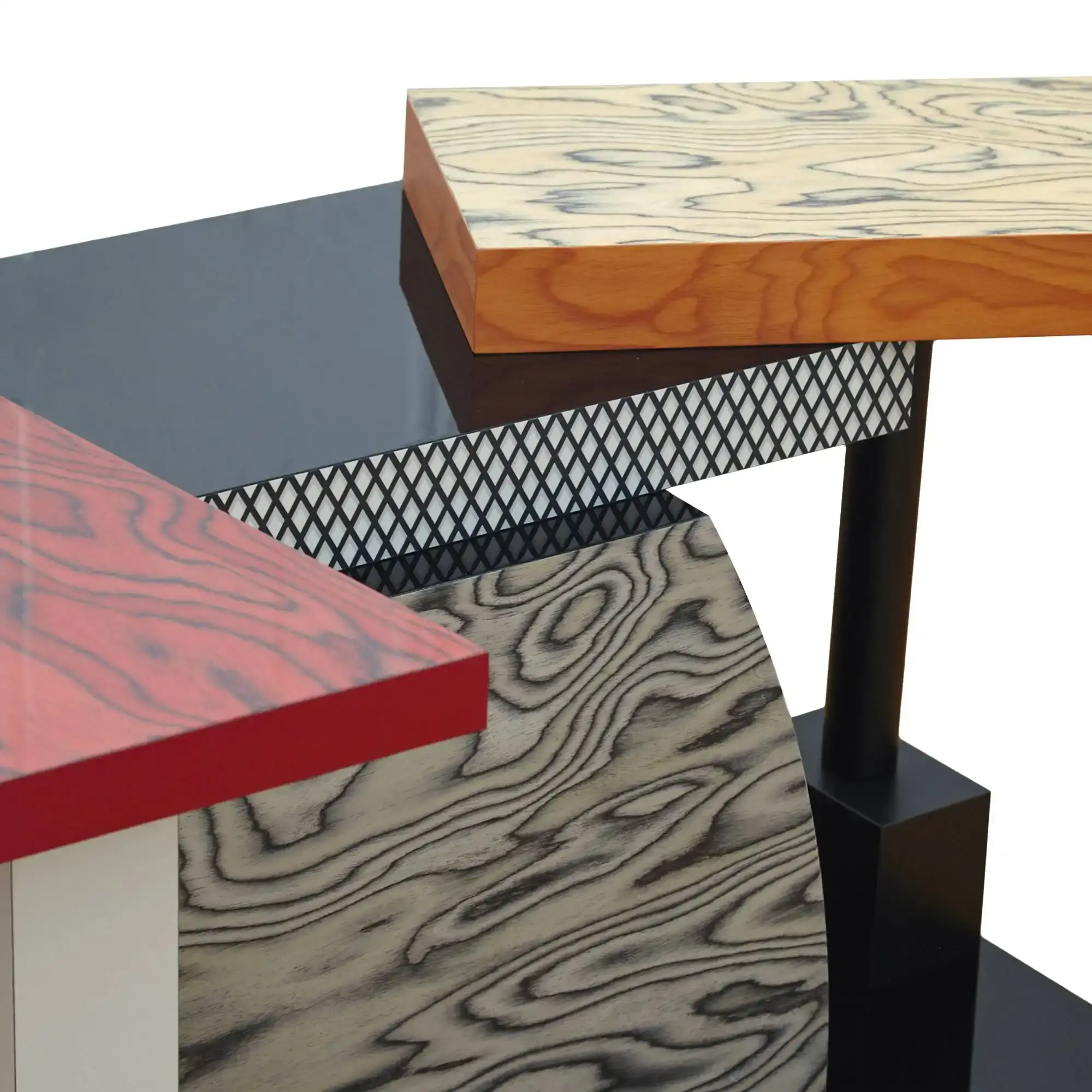 Article wrote by Monica Picchi about the revival of Memphis-style decorative wood veneer, featuring colorful, psychedelic wood grain patterns pioneered by Ettore Sottsass in the 1980s and recently popularized by designers like Sabine Marcelis and Martino Gamper. The technique involves dyeing thin slices of wood to create bold, expressive patterns for furniture and interior design elements. (image 3 of 12)
