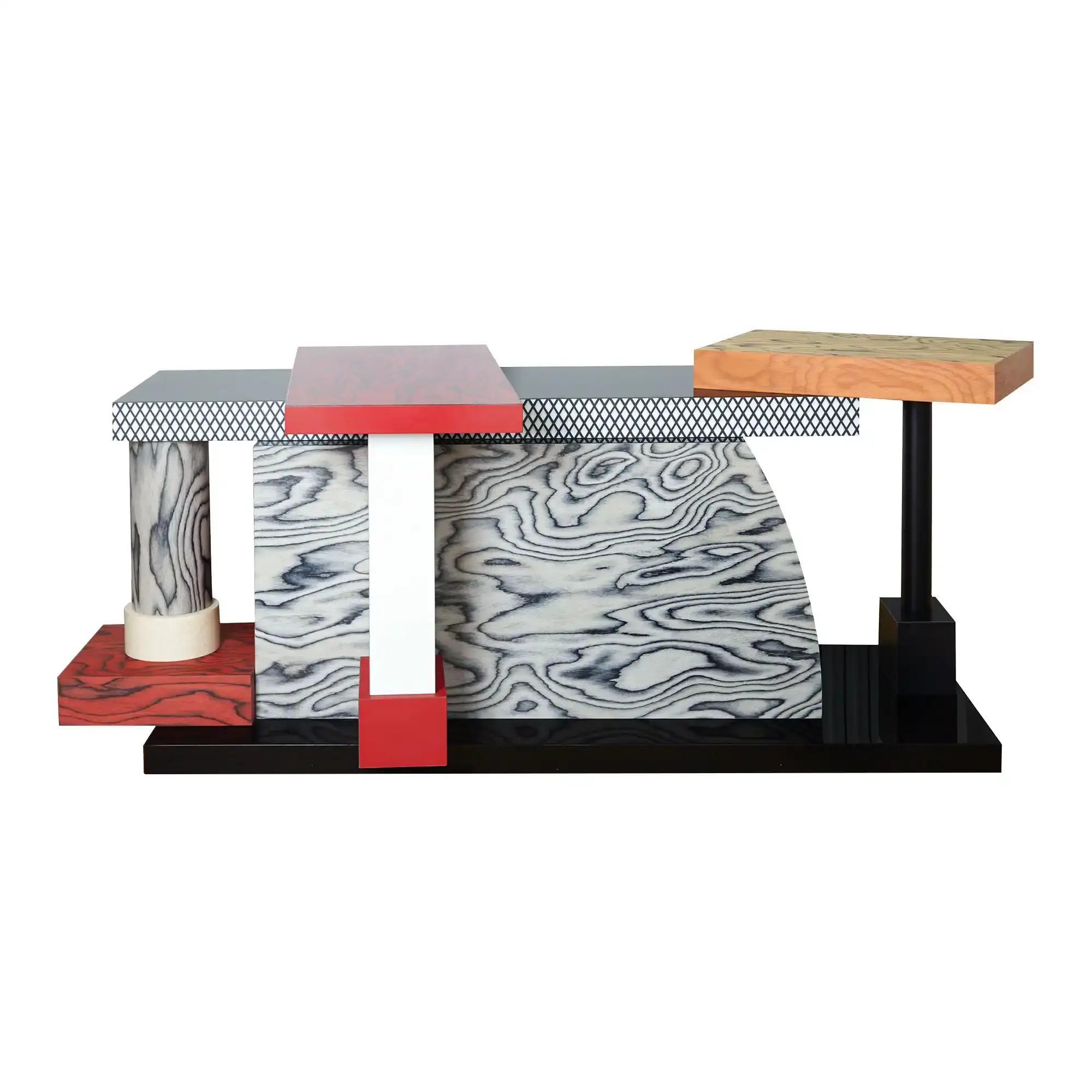 Article wrote by Monica Picchi about the revival of Memphis-style decorative wood veneer, featuring colorful, psychedelic wood grain patterns pioneered by Ettore Sottsass in the 1980s and recently popularized by designers like Sabine Marcelis and Martino Gamper. The technique involves dyeing thin slices of wood to create bold, expressive patterns for furniture and interior design elements. (image 2 of 12)