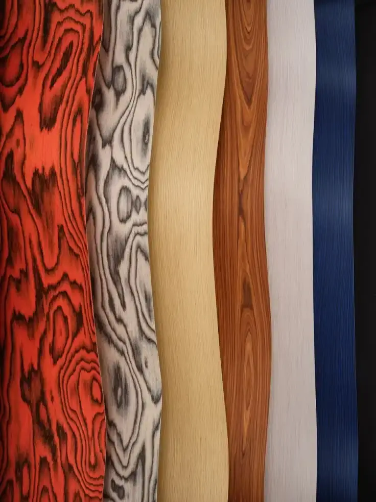 Article wrote by Monica Picchi about the revival of Memphis-style decorative wood veneer, featuring colorful, psychedelic wood grain patterns pioneered by Ettore Sottsass in the 1980s and recently popularized by designers like Sabine Marcelis and Martino Gamper. The technique involves dyeing thin slices of wood to create bold, expressive patterns for furniture and interior design elements. (image 7 of 12)