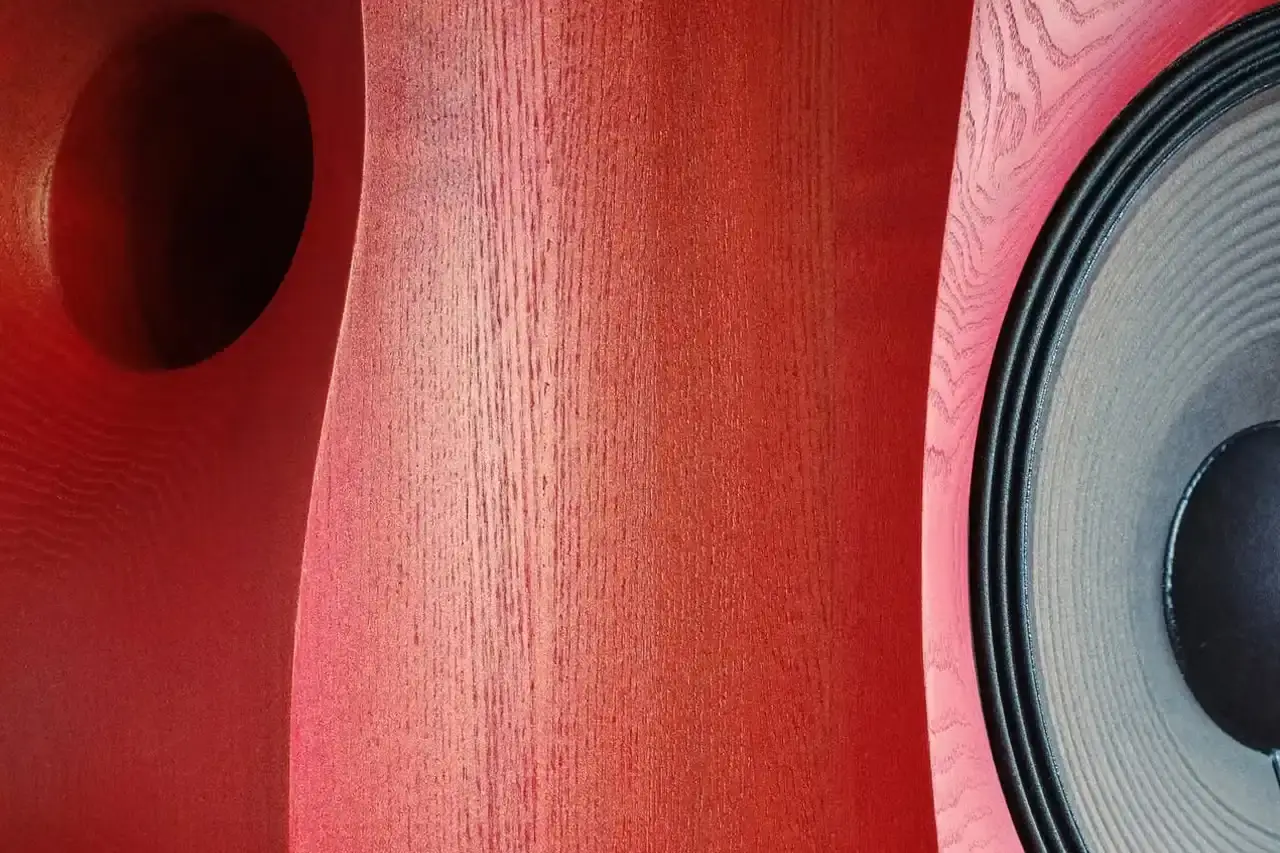 Joel Seigle The Table Bass dining table by Joel Seigle combines a JBL subwoofer in an iridescent red leg with solid ash wood, perfect for space-constrained urban homes. (image 2 of 3)