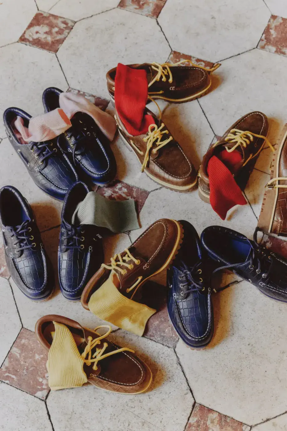 TIMBERLAND X JACQUEMUS BOAT SHOE IN CROC-EMBOSSED LEATHER image of Timberland x Jacquemus Authentic Boat Shoe in Brown Croc and Navy Croc, both made from crocodile-embossed leather with a rubber outsole.