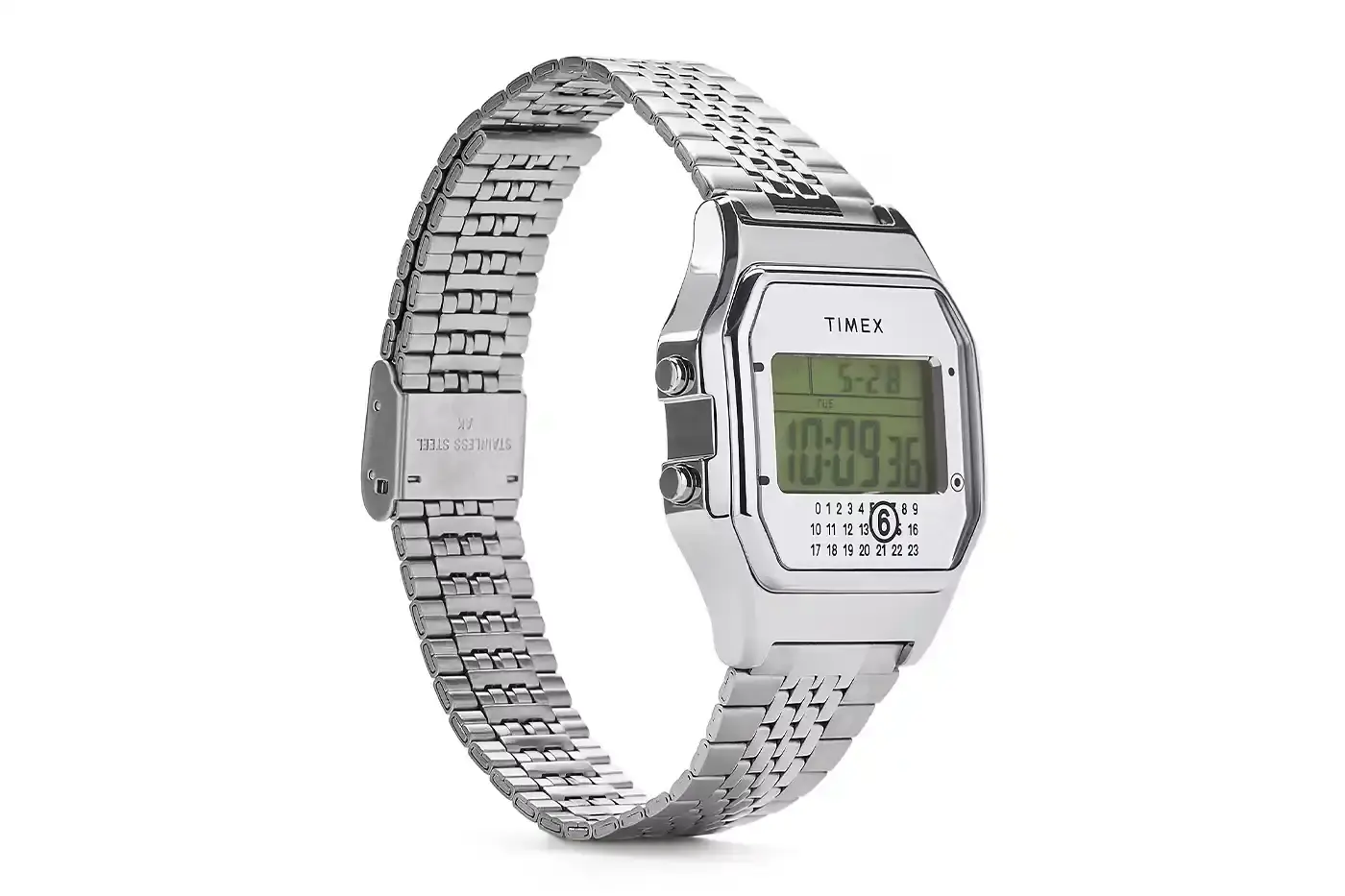 TIMEX X MM6 MAISON MARGIELA LAUNCH T80 DIGITAL WATCH COLLECTION Two Timex x MM6 Maison Margiela T80 digital watches displayed on a light background - a wristwatch and ring watch in mirror-finish stainless steel (image 7 of 7)