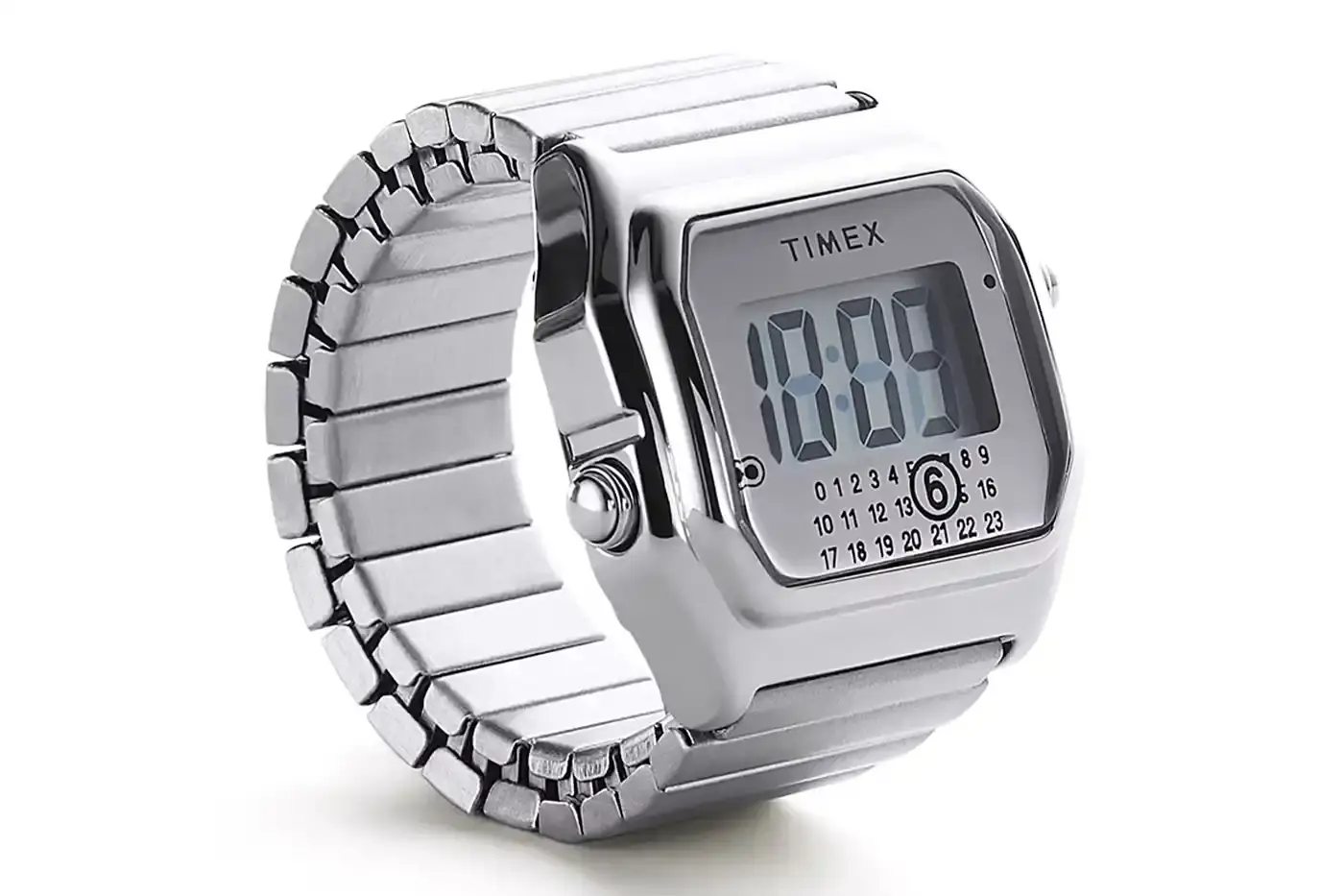 TIMEX X MM6 MAISON MARGIELA LAUNCH T80 DIGITAL WATCH COLLECTION Two Timex x MM6 Maison Margiela T80 digital watches displayed on a light background - a wristwatch and ring watch in mirror-finish stainless steel (image 2 of 7)