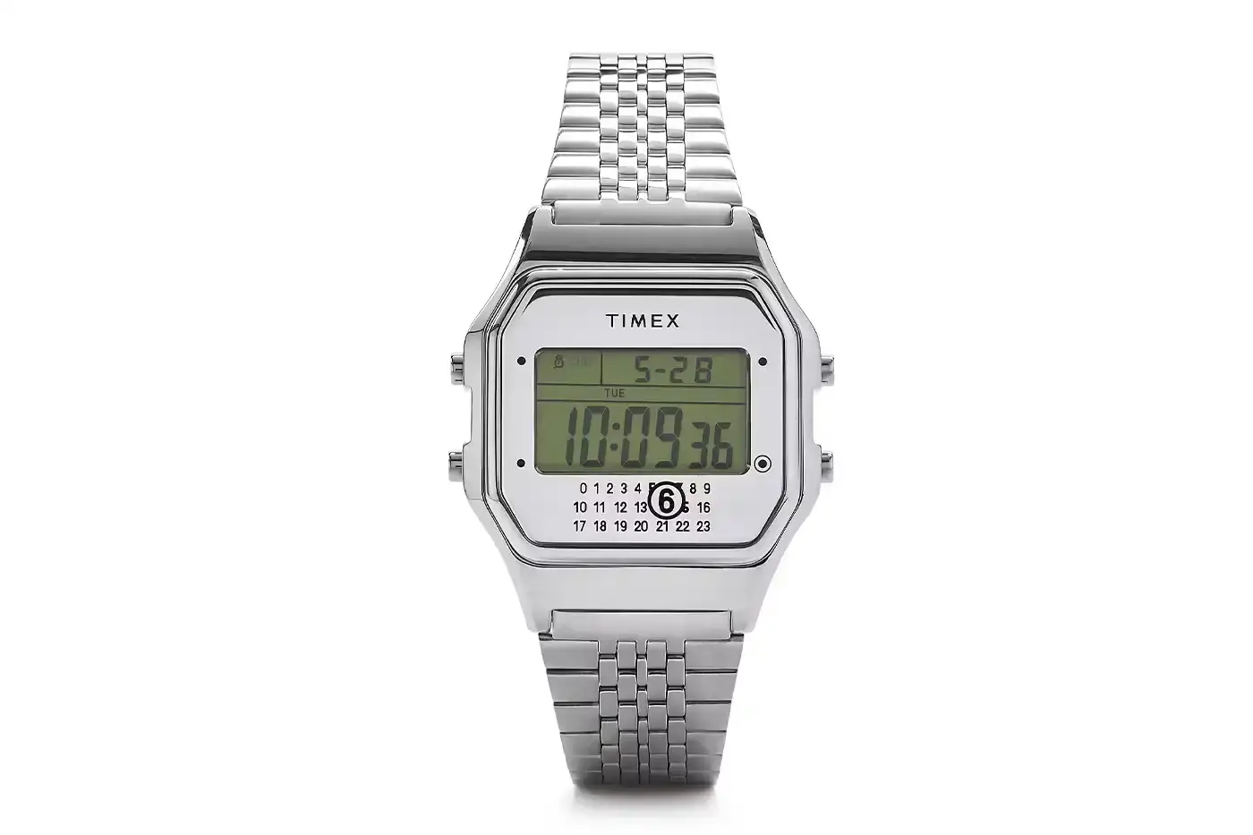 TIMEX X MM6 MAISON MARGIELA LAUNCH T80 DIGITAL WATCH COLLECTION Two Timex x MM6 Maison Margiela T80 digital watches displayed on a light background - a wristwatch and ring watch in mirror-finish stainless steel (image 5 of 7)