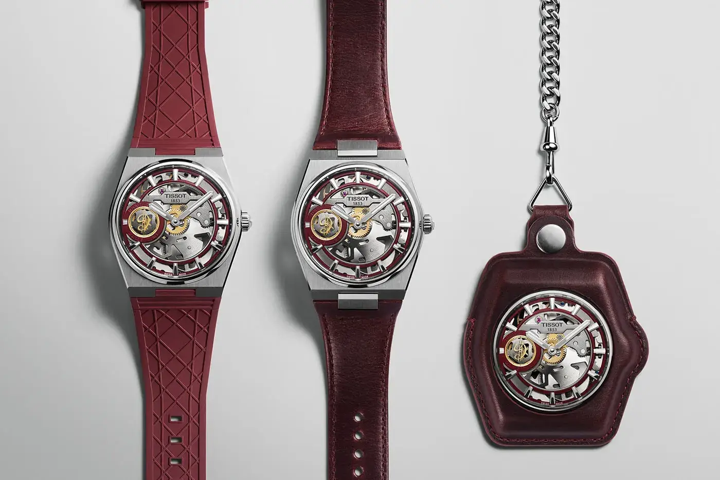 TISSOT RELEASES THE PRX SKELETON DAMIAN LILLARD EDITION Tissot PRX Skeleton Damian Lillard Special Edition, a 44mm steel watch with an openworked dial, burgundy straps and a gold-colored seconds hand. (image 2 of 7)