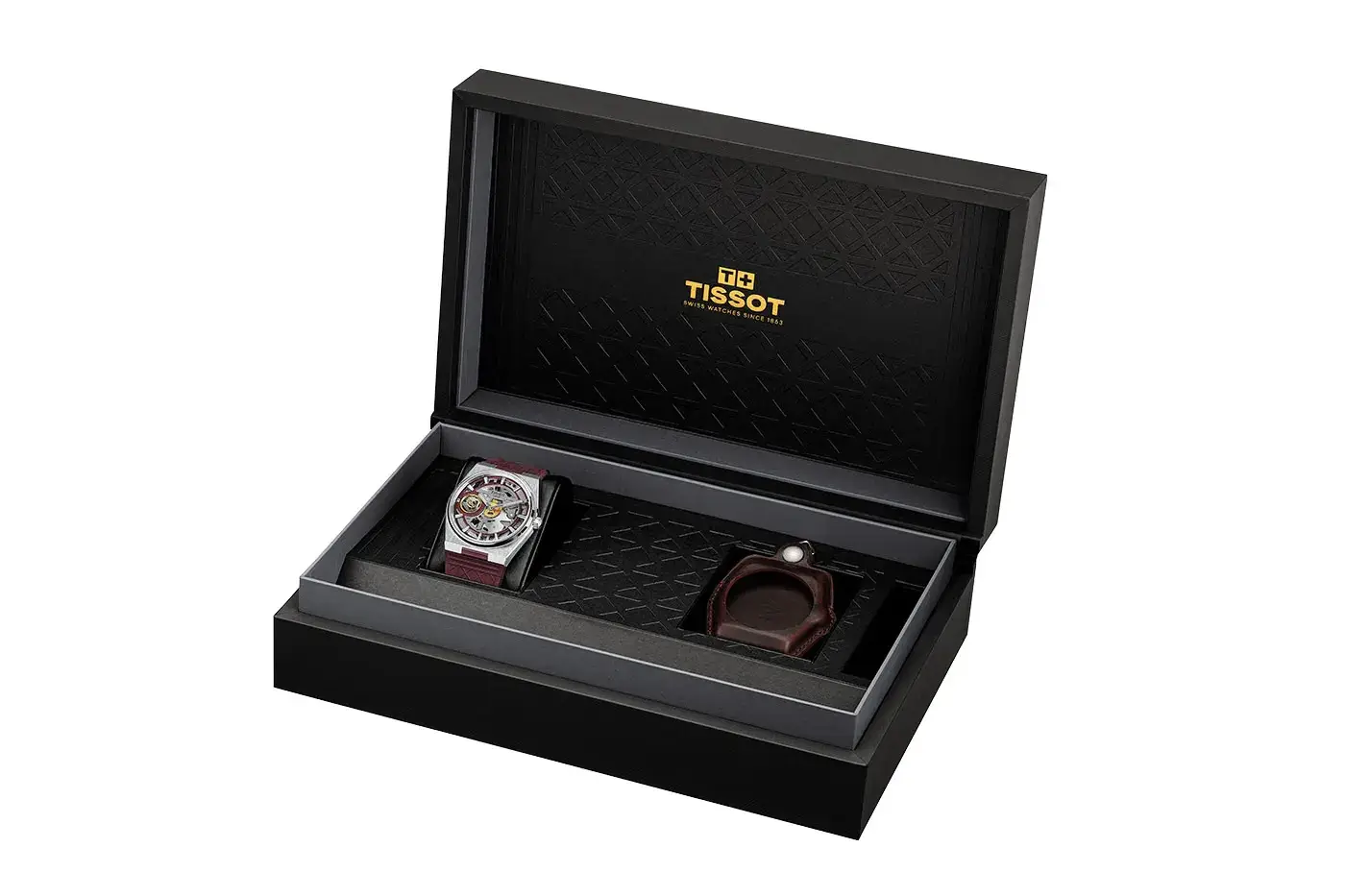 TISSOT RELEASES THE PRX SKELETON DAMIAN LILLARD EDITION Tissot PRX Skeleton Damian Lillard Special Edition, a 44mm steel watch with an openworked dial, burgundy straps and a gold-colored seconds hand. (image 6 of 7)