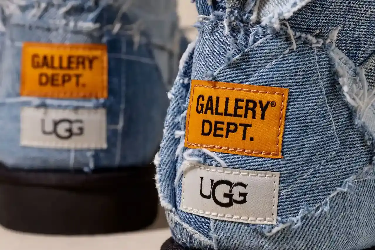 UGG AND GALLERY DEPT. RETURN WITH UPCYCLED WESTERN COLLECTION Brown leather UGG x GALLERY DEPT. Stitched Boot featuring all-over embroidery detail and lug sole, shown from side angle (image 6 of 7)