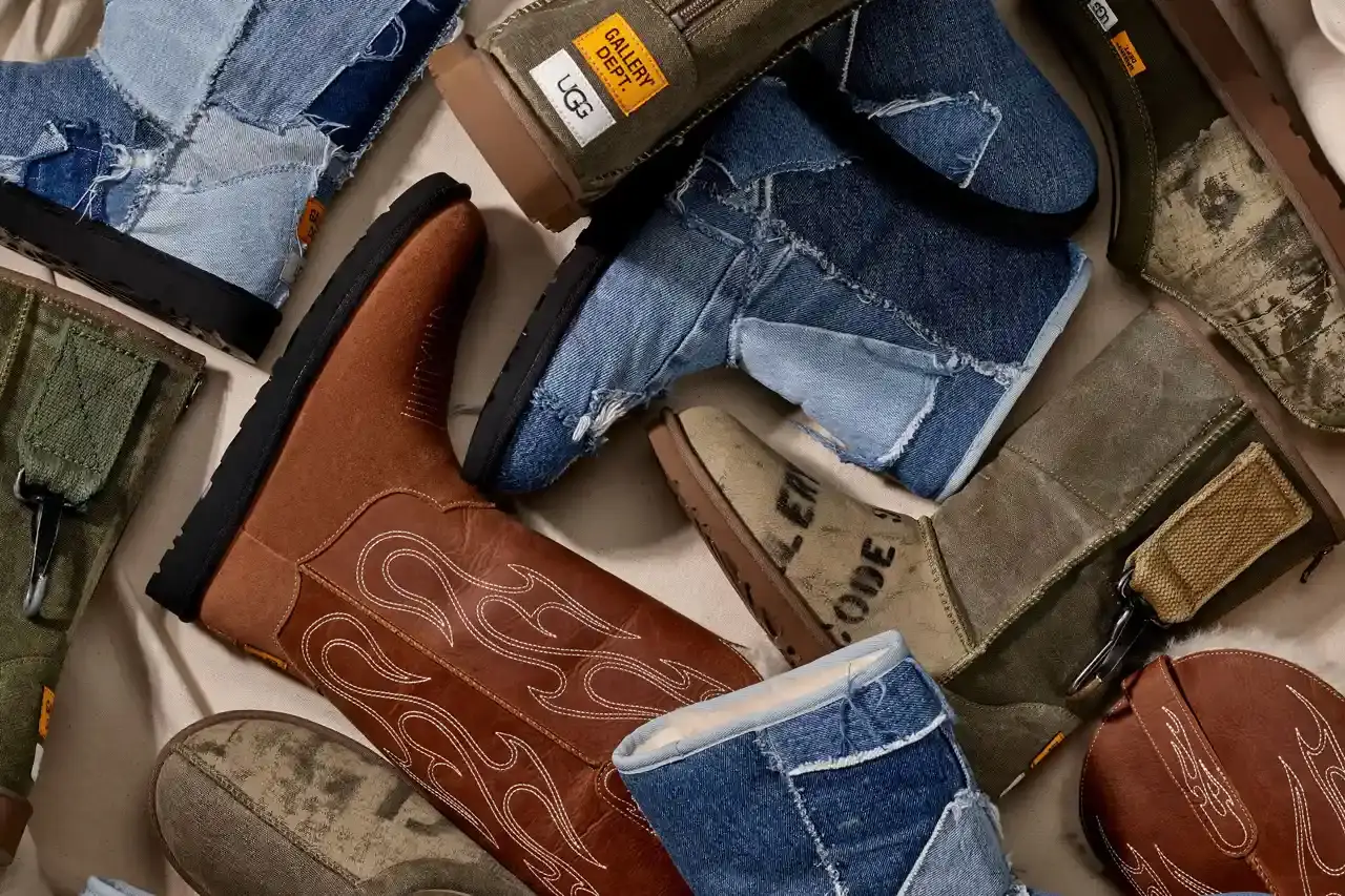 UGG x GALLERY DEPT. Brown leather UGG x GALLERY DEPT. Stitched Boot featuring all-over embroidery detail and lug sole, shown from side angle