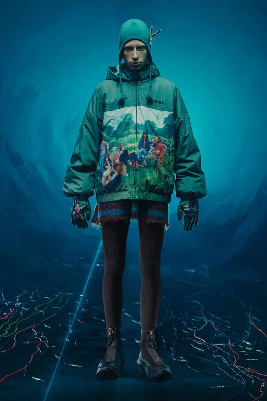 UNDERCOVER Fashion runway image featuring models wearing black tailoring and graphic prints, with neon lighting and monster illustrations by Josep Baqué, representing UNDERCOVER's FW25 collection exploring punk and musical subcultures. (image 7 of 20)