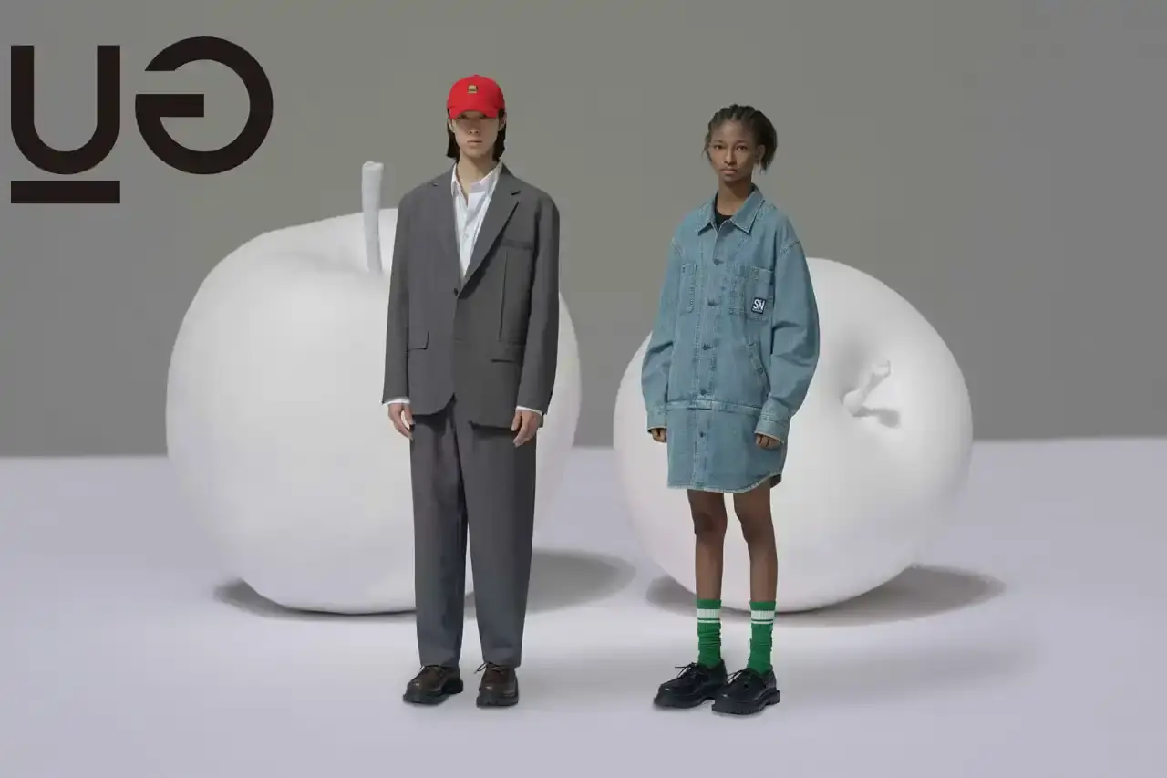 The UG logo displayed alongside clothing items from the new UNDERCOVER and GU collaboration, featuring camouflage patterns and graphic illustrations by Jun Takahashi.