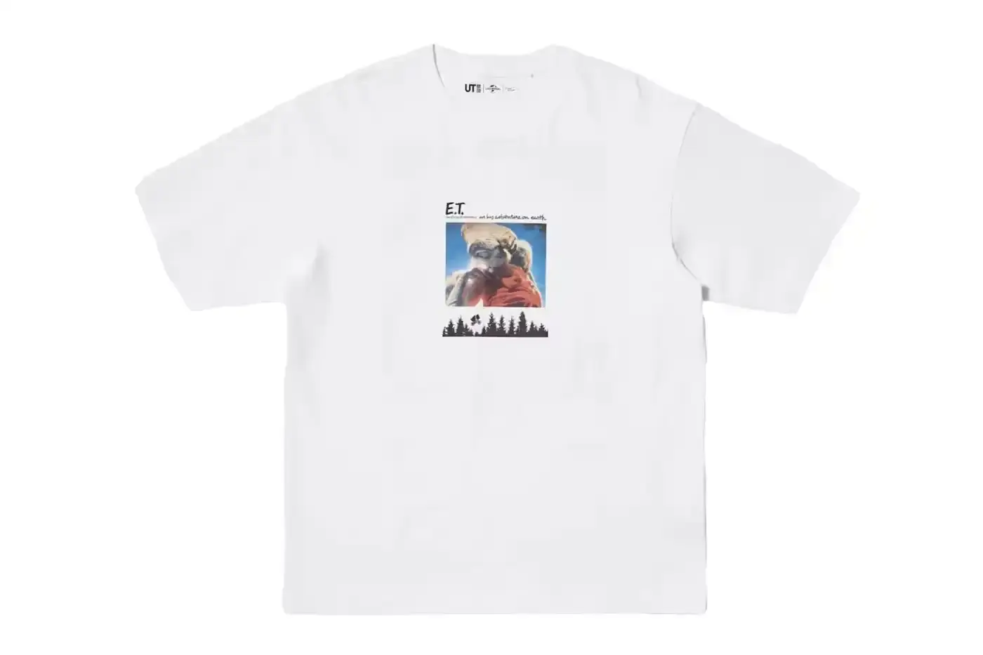 Uniqlo Collection of Uniqlo UT x Universal Pictures t-shirts featuring designs from classic films including E.T. (finger touch scene), Jaws (original poster), Back to the Future (logo), and Casper (1995 film poster), displayed on simple backgrounds.