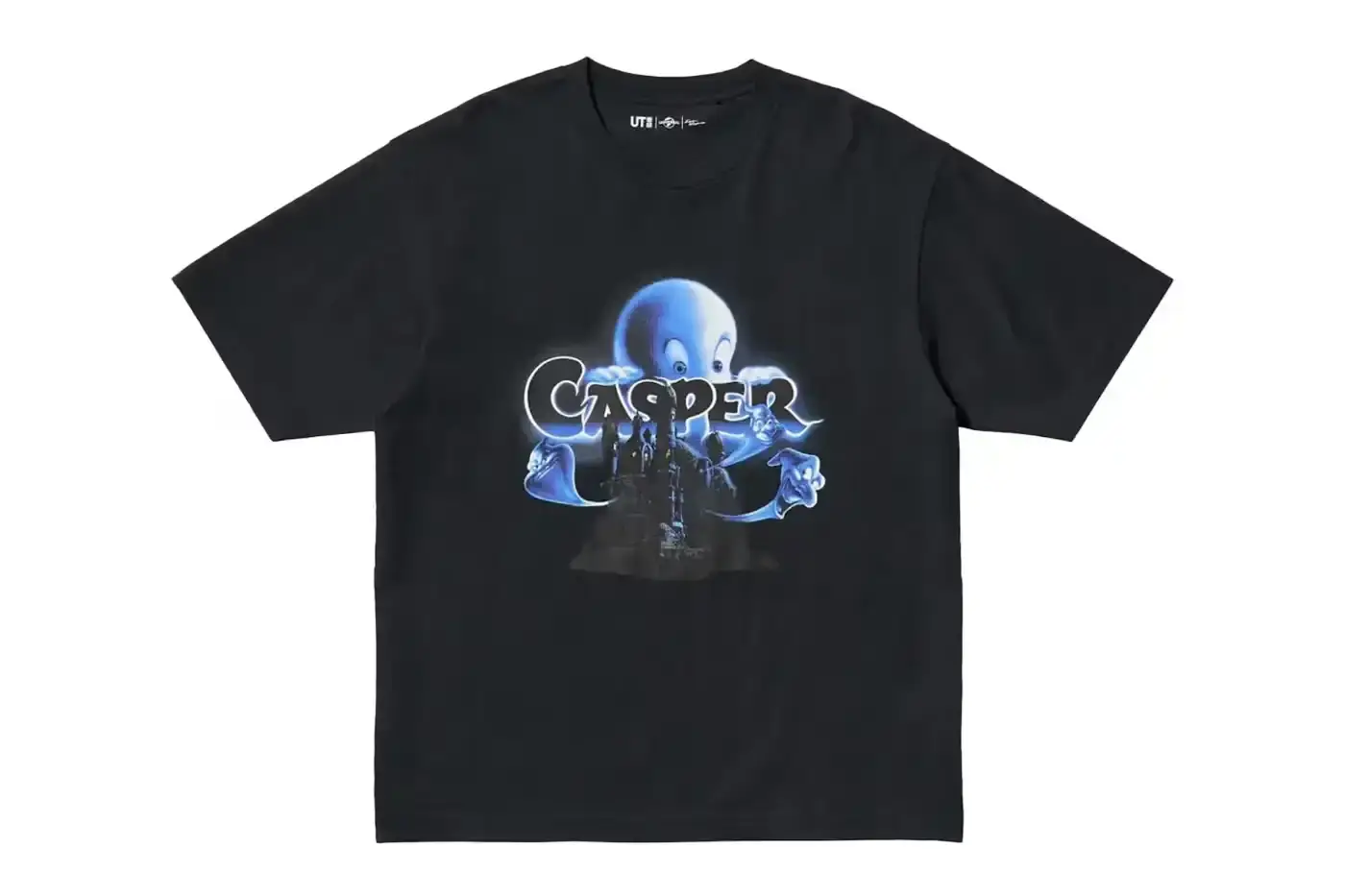 Uniqlo Collection of Uniqlo UT x Universal Pictures t-shirts featuring designs from classic films including E.T. (finger touch scene), Jaws (original poster), Back to the Future (logo), and Casper (1995 film poster), displayed on simple backgrounds. (image 9 of 10)