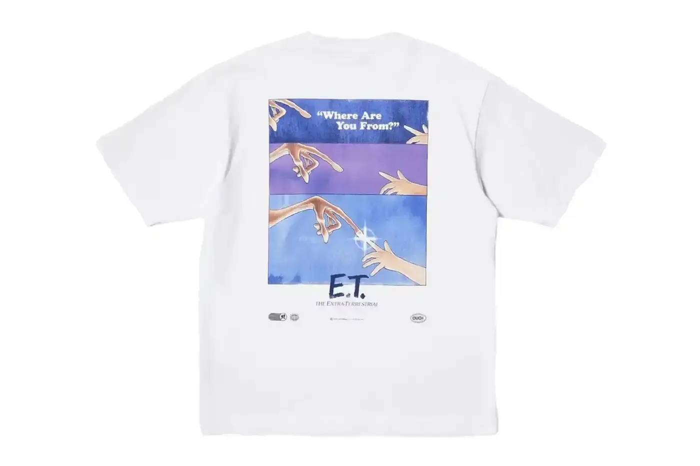 Uniqlo Collection of Uniqlo UT x Universal Pictures t-shirts featuring designs from classic films including E.T. (finger touch scene), Jaws (original poster), Back to the Future (logo), and Casper (1995 film poster), displayed on simple backgrounds. (image 3 of 10)