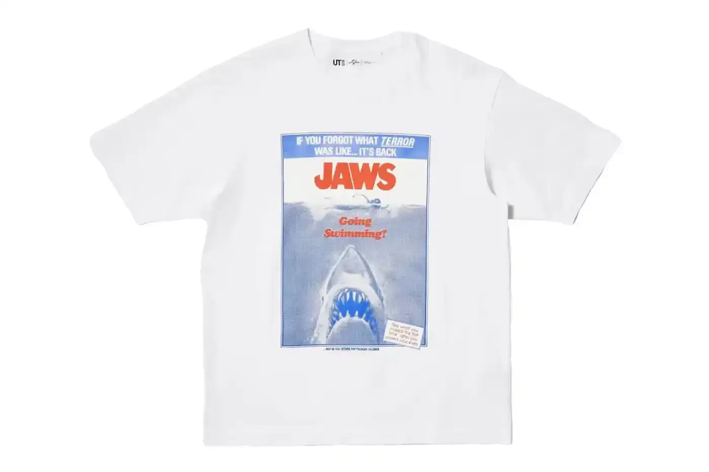 Uniqlo Collection of Uniqlo UT x Universal Pictures t-shirts featuring designs from classic films including E.T. (finger touch scene), Jaws (original poster), Back to the Future (logo), and Casper (1995 film poster), displayed on simple backgrounds. (image 2 of 10)