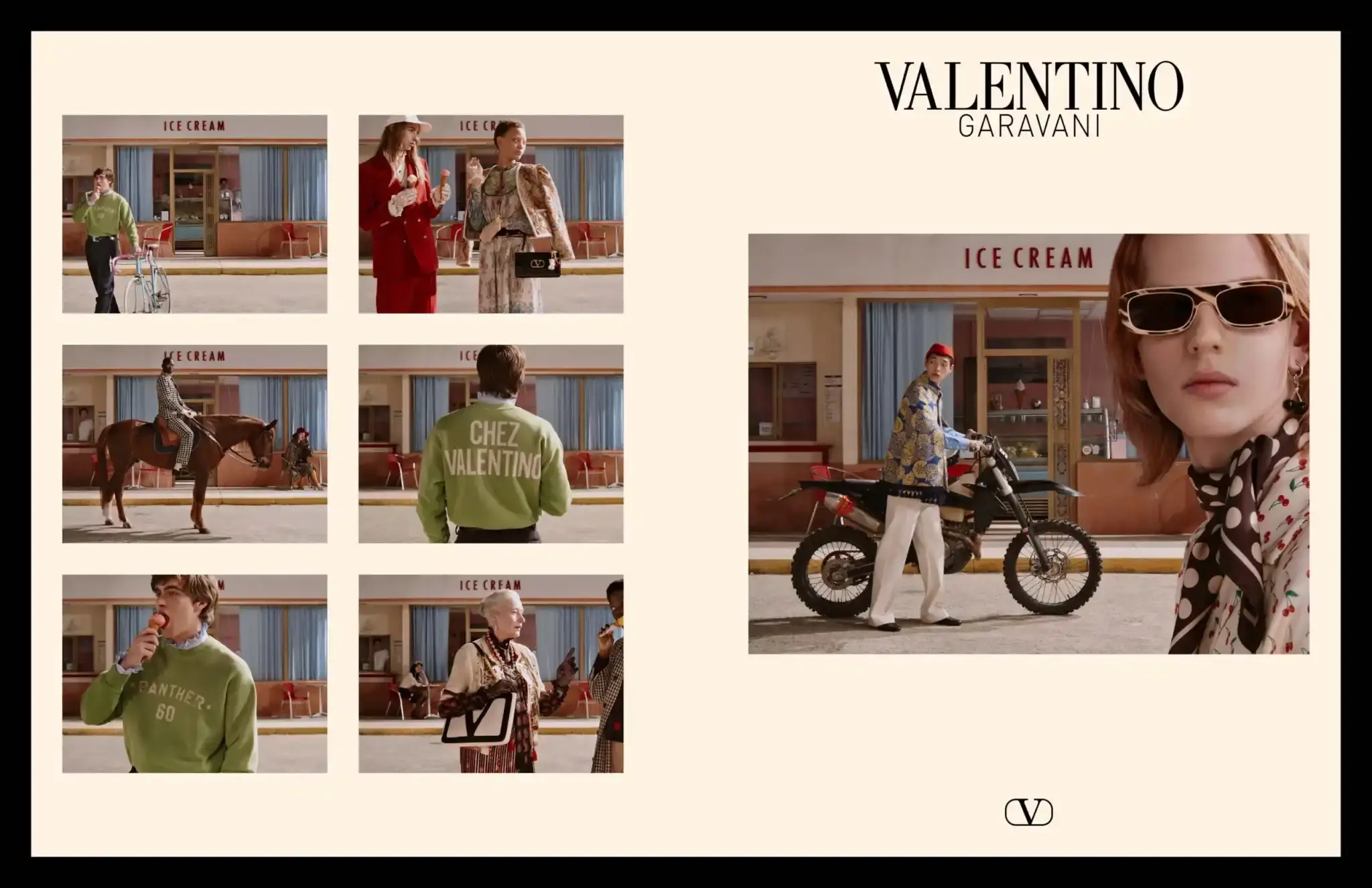 image of Valentino's Fall 2025 advertising campaign directed by Alessandro Michele. The campaign features a stationary camera capturing everyday scenes and moments, with models and celebrities including Kai Schreiber, Sophie Thatcher, Scarlett White, Amelia Gray, and Lorenzo Zurzolo. Michele's creative vision emphasizes slowing down to appreciate the poetic aspects of ordinary life and daily routines. The campaign was photographed by Glen Luchford and represents the Rome-based fashion house's artistic direction for the upcoming fall season.