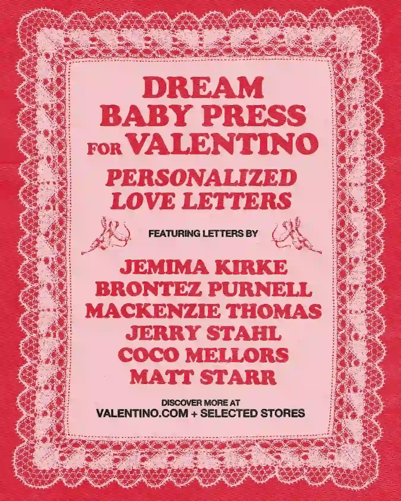 Interior of a Valentino luxury boutique showing Valentine's Day poetry display, featuring calligraphed poems from Dream Baby Press writers on elegant paper.